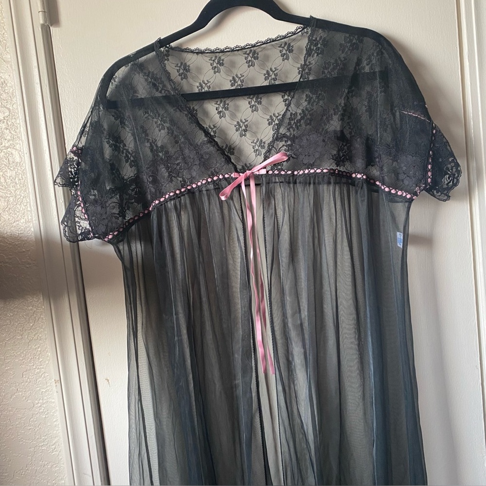 Vintage LORRAINE Peignoir Black Sz S Negligee Robe 60s 70s Glamour Hollywood